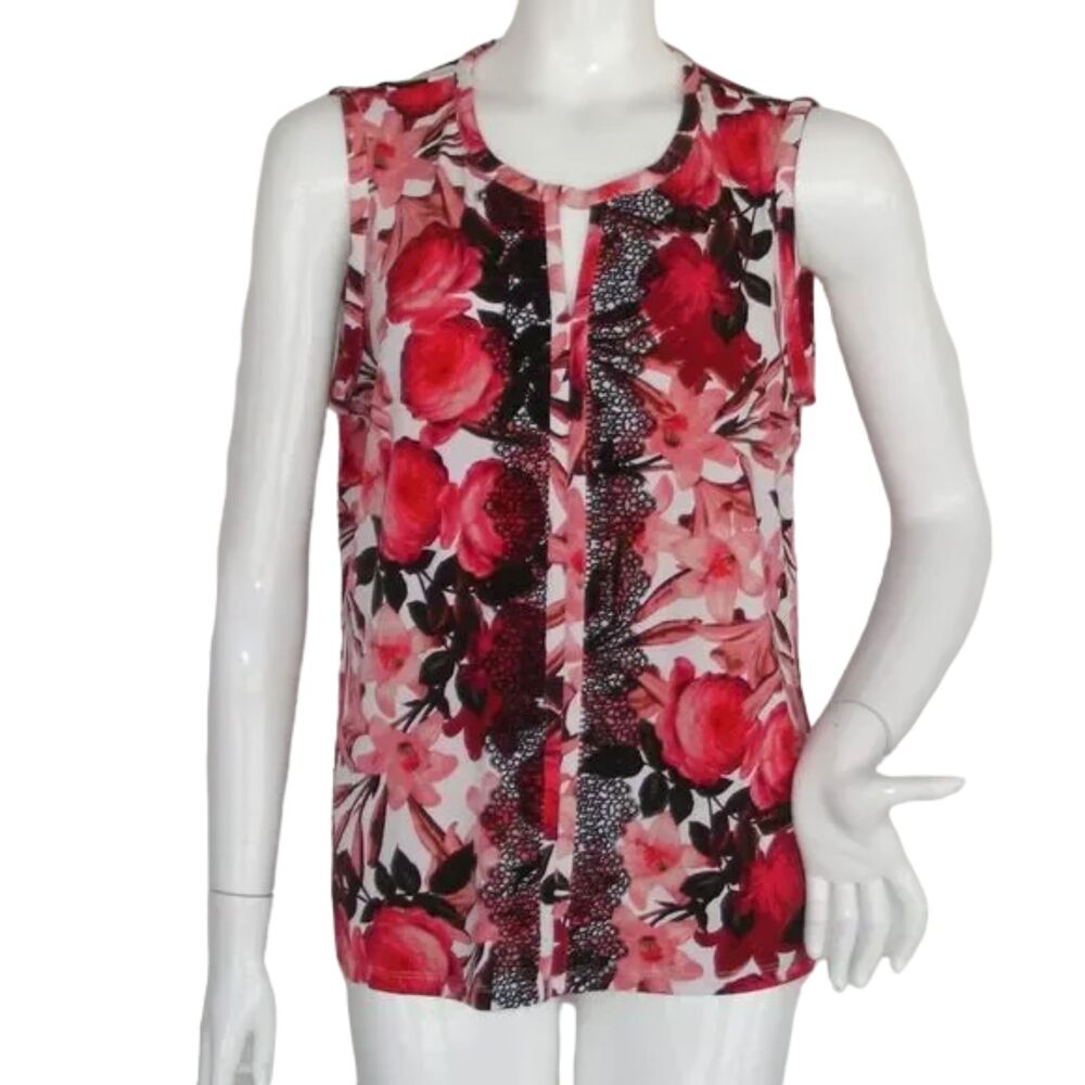 KARL LAGERFELD Top L Red Floral, Lace, Sleeveless, Keyhole